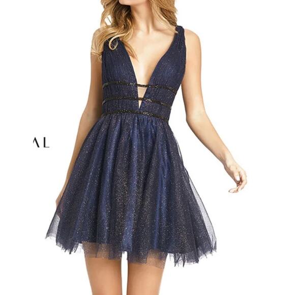 Mac Duggal Glitter Rhinestone Tulle Mini Dress in Midnight Blue - Picture 1 of 12